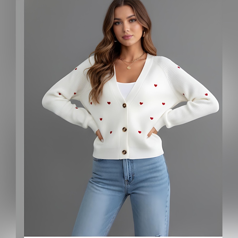 Beige Frenchy Heart Embroidery Button Front Cardigan